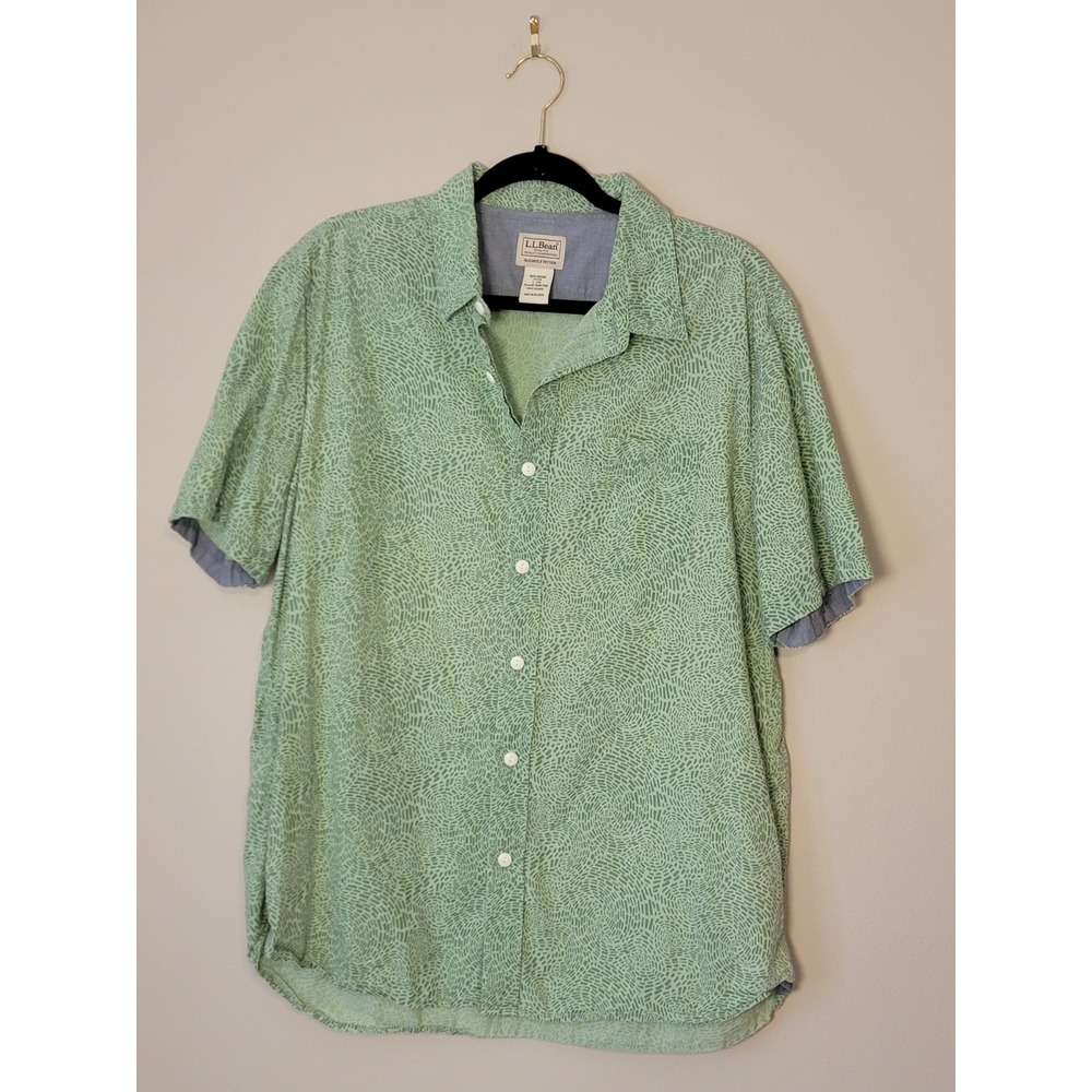LL BEAN Lakewashed Camp Button Short Sleeve Shirt Green Organic Cotton LARGE  Rg
